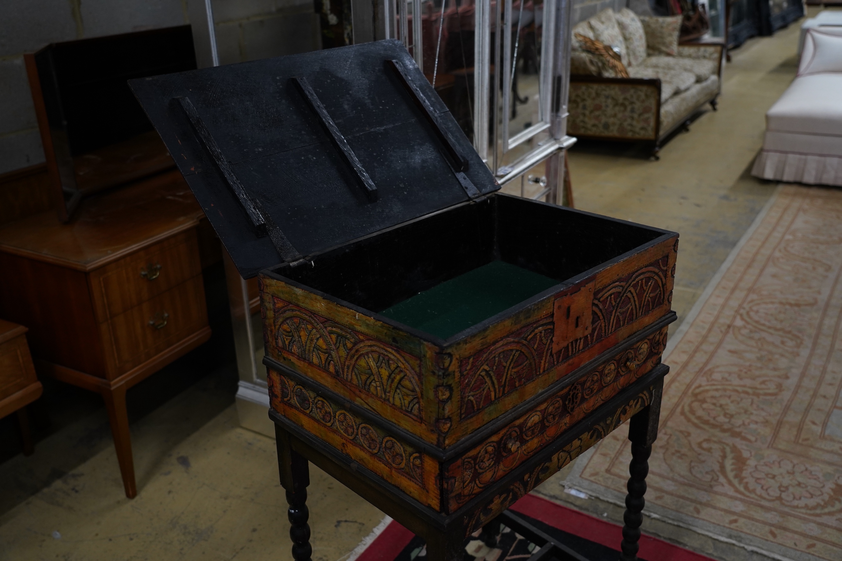 John Bratby (1928-1992): An oak bible box on stand, polychrome decorated by the artist